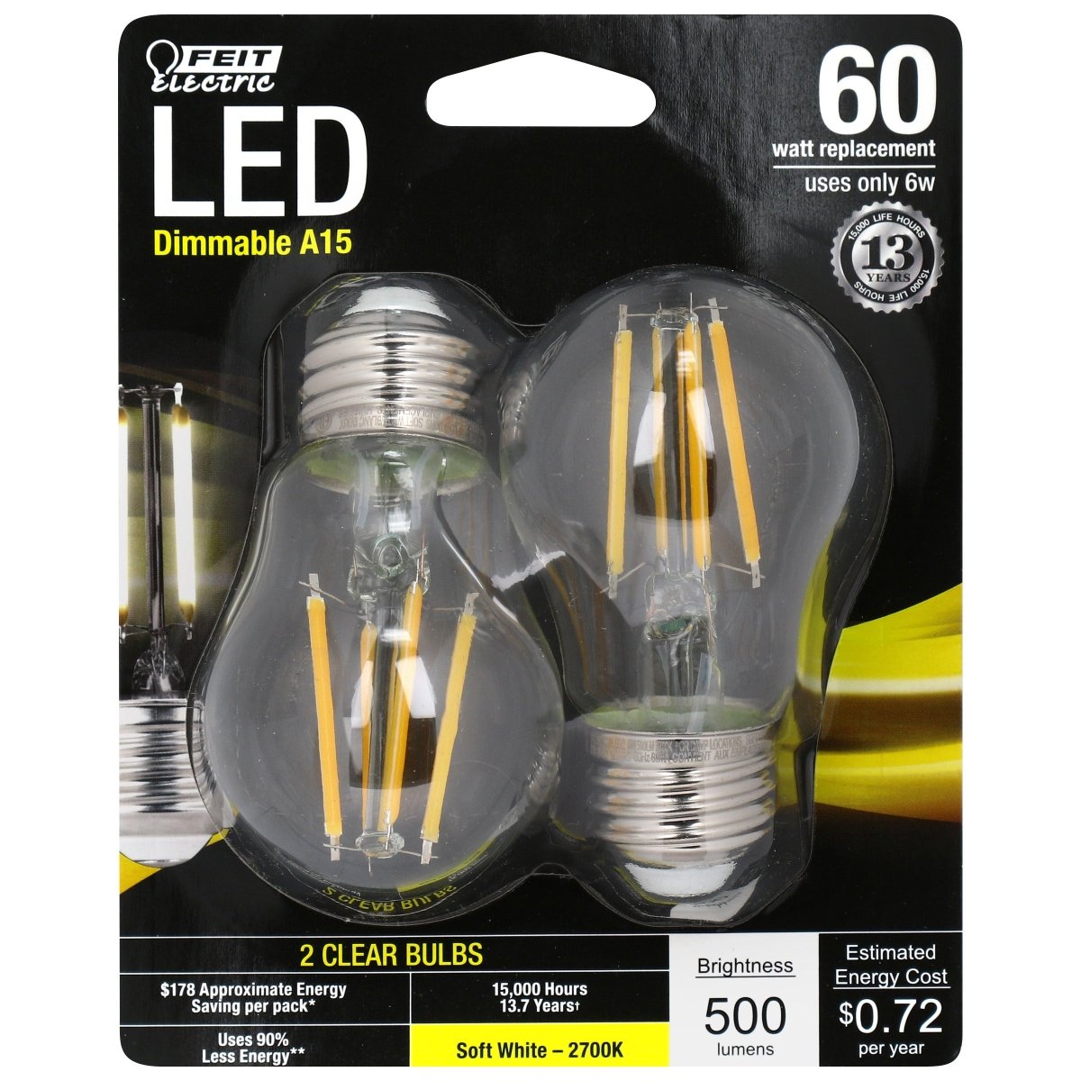 A15 LED Light Bulbs, E26, Filament, Dimmable, Crystal Clear, Decorative, Medium Base, 2 Pack - BUILDMYPLACE