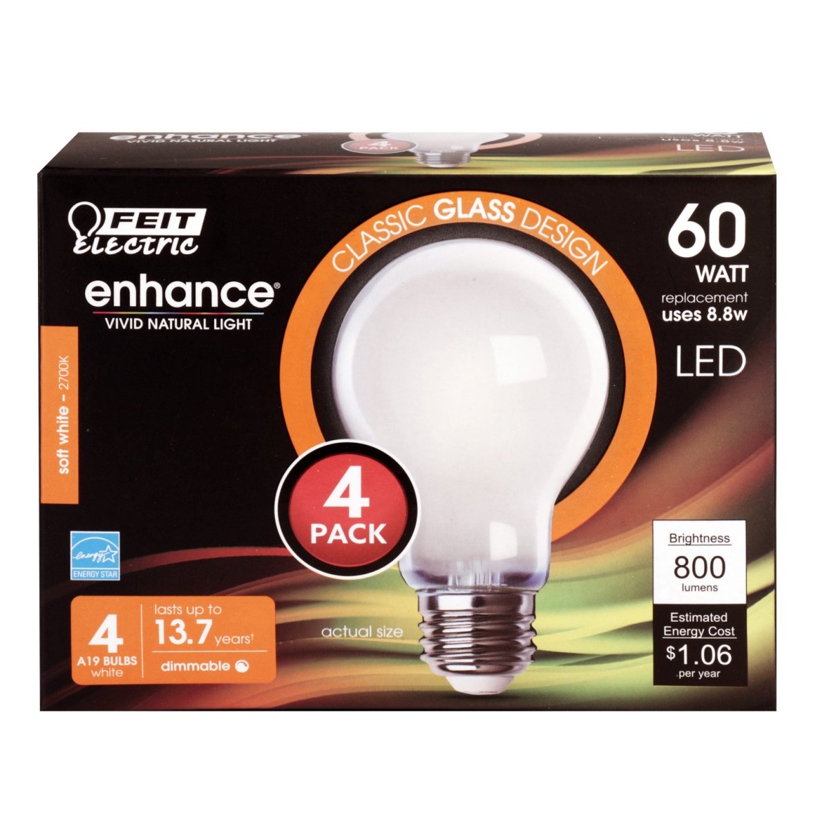 A19 Filament LED 60W Equivalent Non - Dimmable Clear Medium Base 800Lm 2700K Bulb 4 - Pack - BUILDMYPLACE