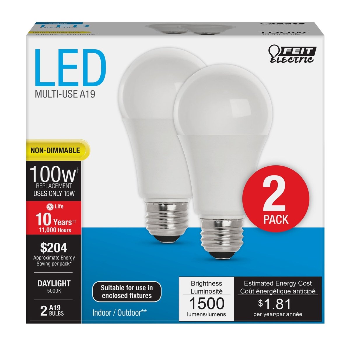 A19 LED Bulbs, 15 Watts, E26, 800 Lumen, frosted, 5000K, Non - Dimmable - BUILDMYPLACE