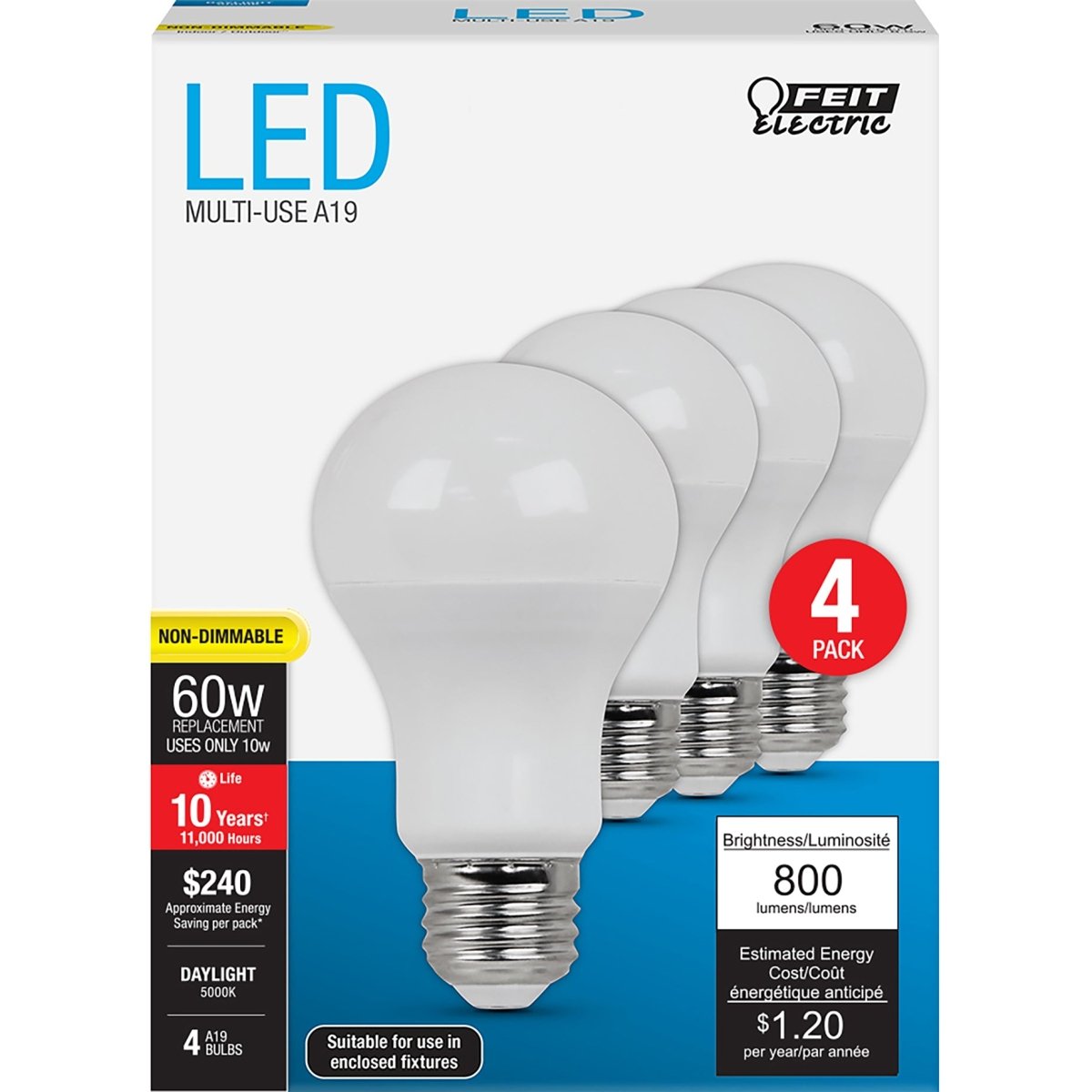 A19 LED Light Bulbs, 10 Watts, E26, 800 Lumens, 5000K Non - Dimmable - BUILDMYPLACE