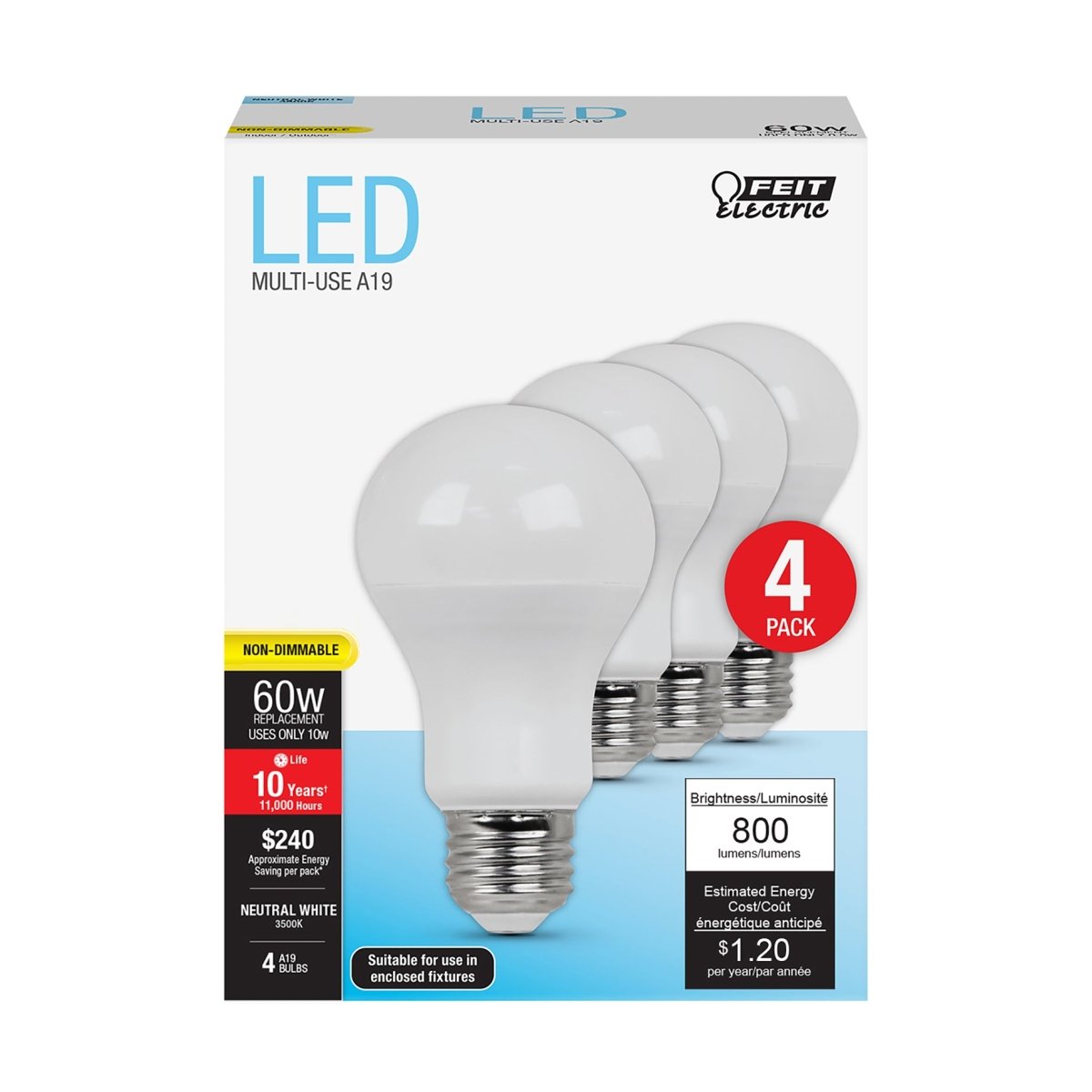 A19 LED Light Bulbs, 10 Watts, E26, 800 Lumens, 5000K Non - Dimmable - BUILDMYPLACE