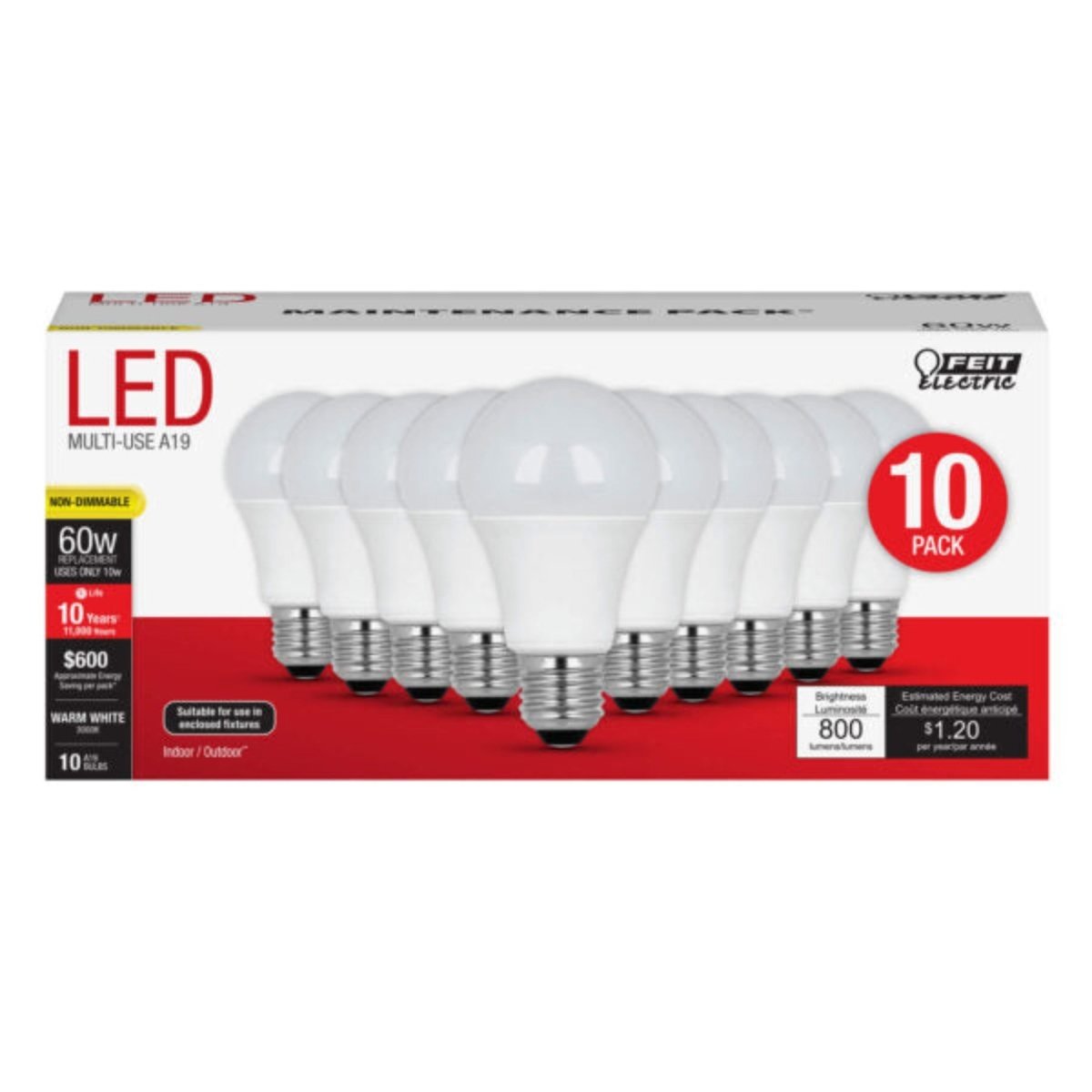 A19 LED Light Bulbs, 60 Watt Equiv, Non - Dimmable. 3000K, Maint. Pack, 10 Pk - BUILDMYPLACE