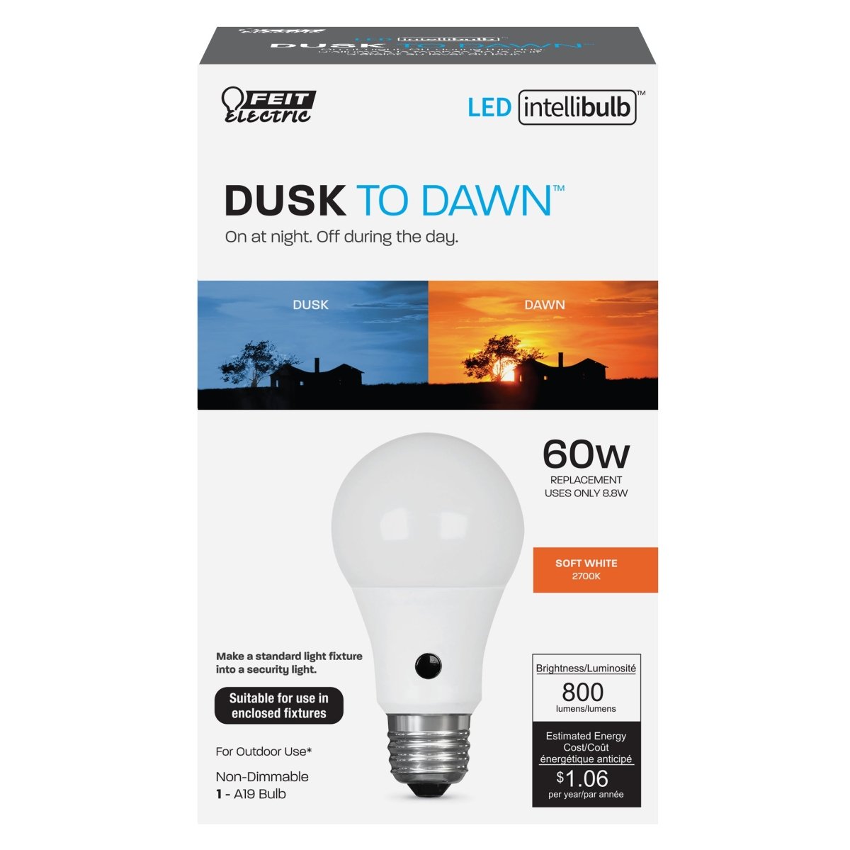 A19 LED Light Bulbs, 60W, Soft White Dusk - to - Dawn LED, - BUILDMYPLACE