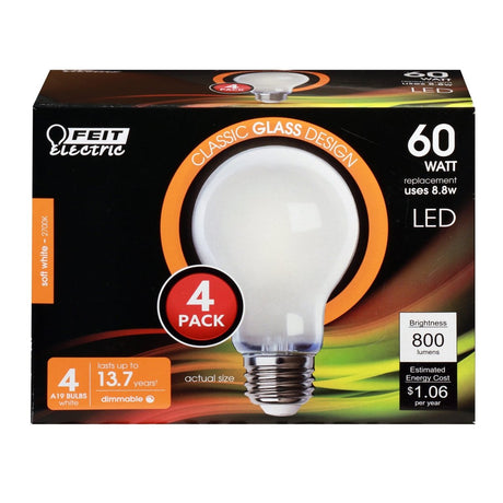 A19 LED Lights bulbs, 60W, White, Filament, White, Medium Base, Decorative Light Bulb, 800 Lumens, 4 Pack - BUILDMYPLACE