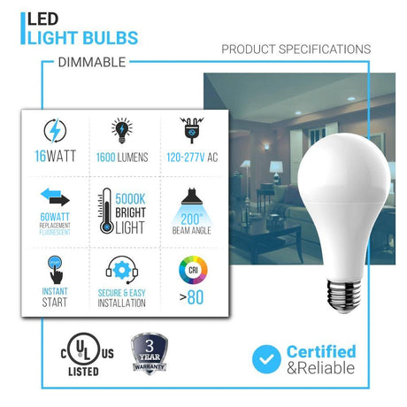 A21 LED Light Bulbs 16W - 5000K Dimmable - 1600 Lm - E26 Base - Daylight White - BUILDMYPLACE