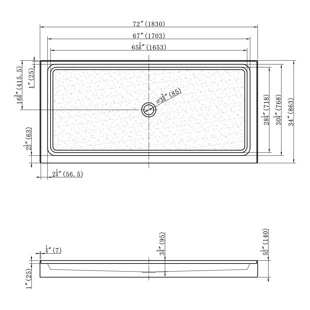 Acrylic Shower Pan Center Drain - Single Threshold - Resin and fiberglass - 72 X 34 X 5.5 - BUILDMYPLACE