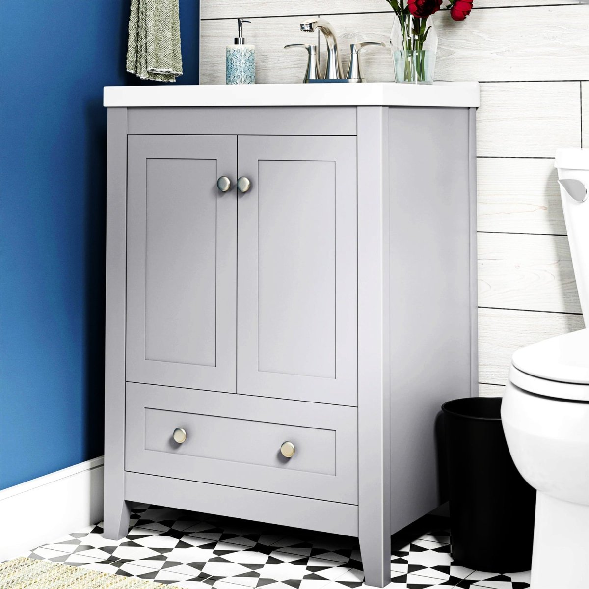 Adak 24 In. Gray Freestanding Bathroom Vanity with Porcelain Sink Top - BUILDMYPLACE