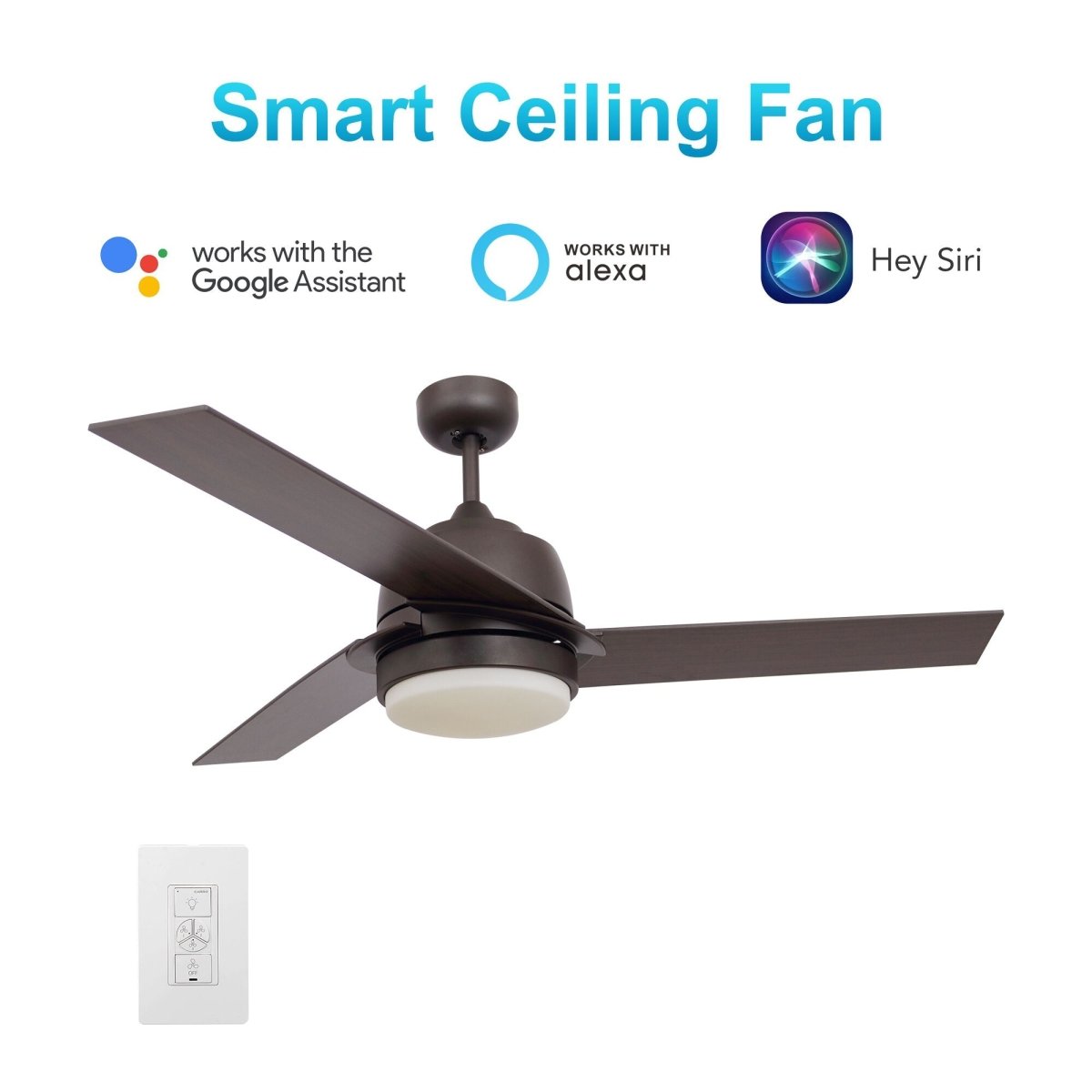 Aeryn 52" In. Oil Rubbed Bronze/Walnut 3 Blade Smart Ceiling Fan with LED Light Kit Works with Wall Switch - BUILDMYPLACE