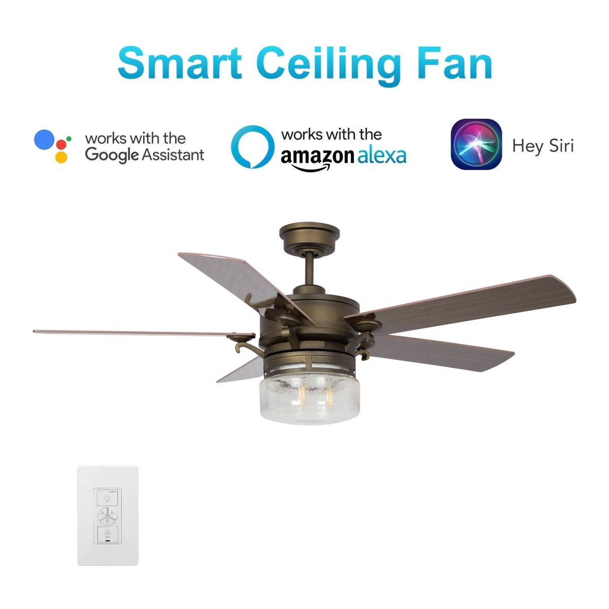 Alexandria 52" In. Oil Rubbed Bronze/Brown Wood 5 Blade Smart Ceiling Fan with LED Light Kit Works with Wall control, Wi - Fi apps and Voice control via Google Assistant/Alexa/Siri - BUILDMYPLACE