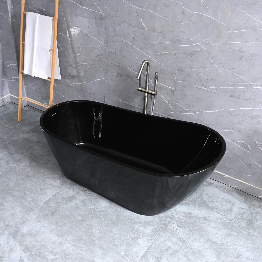 Allure 67 In. Freestanding Soaking Acrylic Bathtub in Glossy Black with Matt Black Plated - Left Drain - BUILDMYPLACE