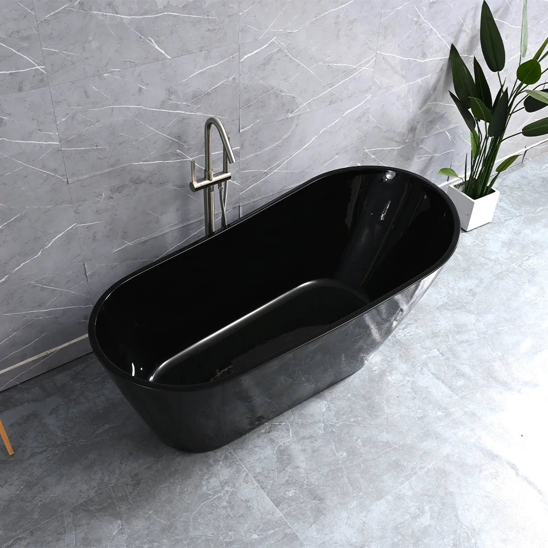 Allure 67 In. Freestanding Soaking Acrylic Bathtub in Glossy Black with Matt Black Plated - Left Drain - BUILDMYPLACE