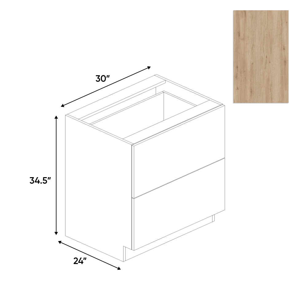 Anniversary Oak Textured - 2 Drawer Base Cabinet - 30"W x 34.5"H x 24"D - Pre Assembled - Frameless Cabinet - BUILDMYPLACE