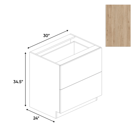 Anniversary Oak Textured - 2 Drawer Base Cabinet - 30"W x 34.5"H x 24"D - Pre Assembled - Frameless Cabinet - BUILDMYPLACE