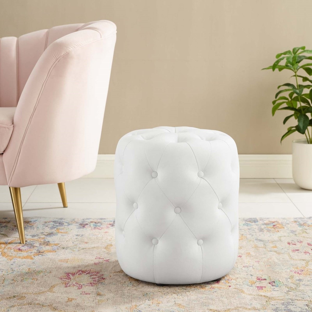 Anthem Tufted Button Round Faux Leather Ottoman, White - BUILDMYPLACE