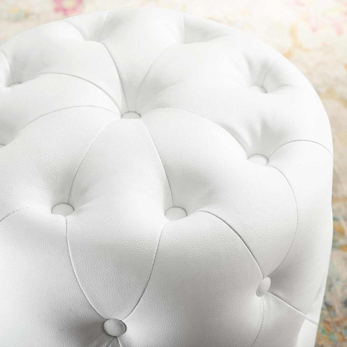 Anthem Tufted Button Round Faux Leather Ottoman, White - BUILDMYPLACE