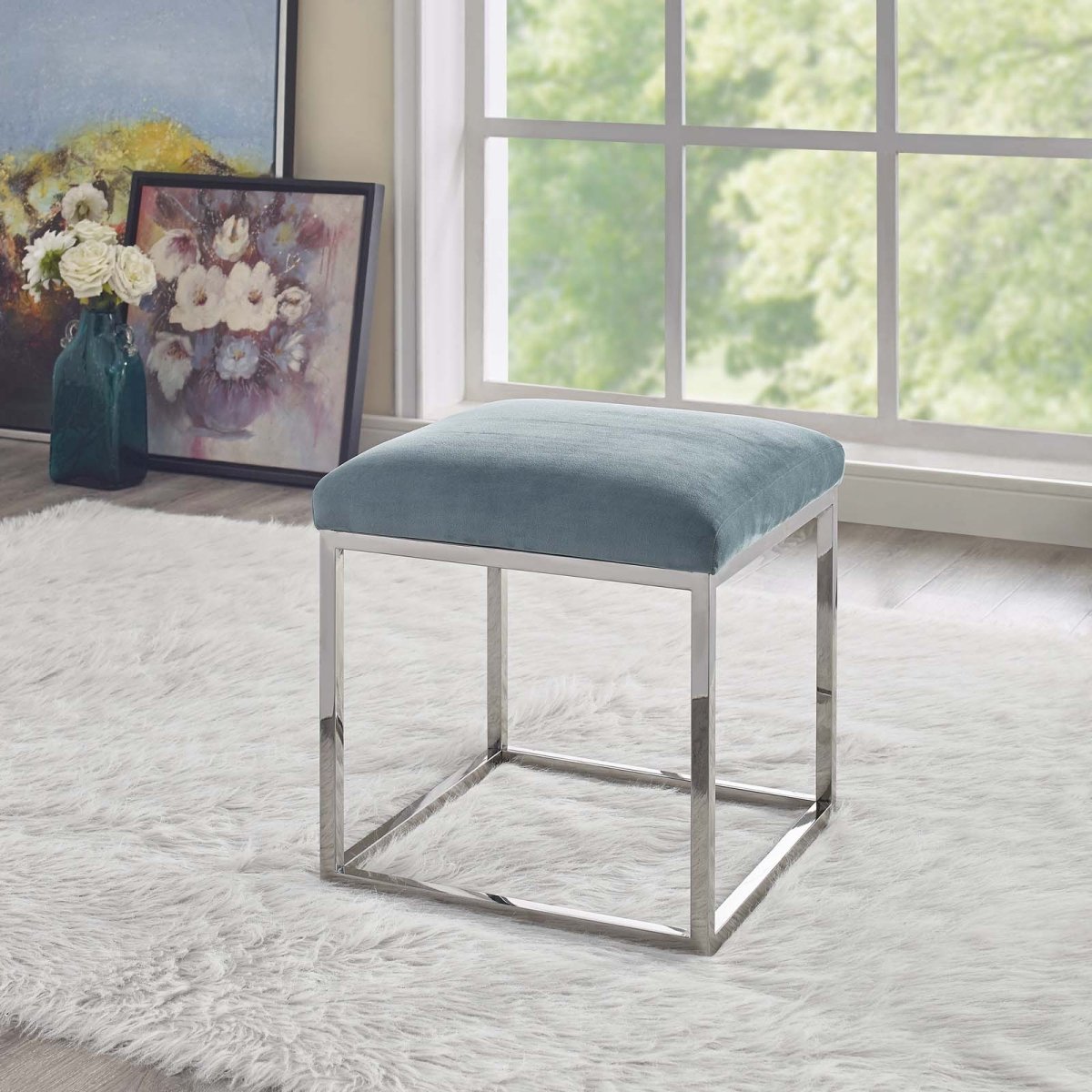 Anticipate Contemporary Ottoman With Padded Upholstered Seat In Luxurious White Sheepskin - BUILDMYPLACE