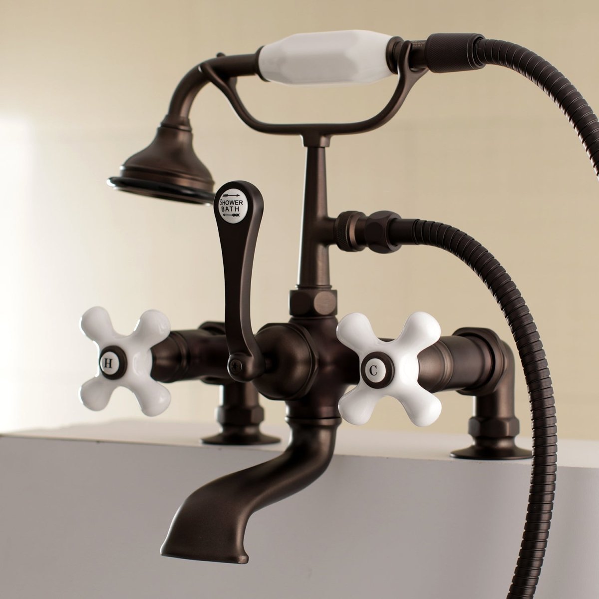 Aqua Vintage 7" Tub Faucet & 2 Hole Installation With Hand Shower - BUILDMYPLACE