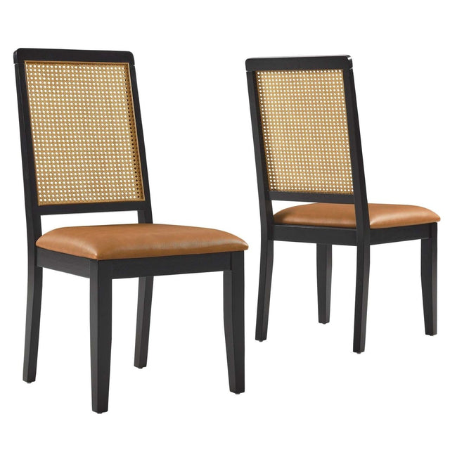 Arlo Vegan Leather Upholstered Faux Rattan and Wood Dining Side Chairs - Set of 2 - BUILDMYPLACE