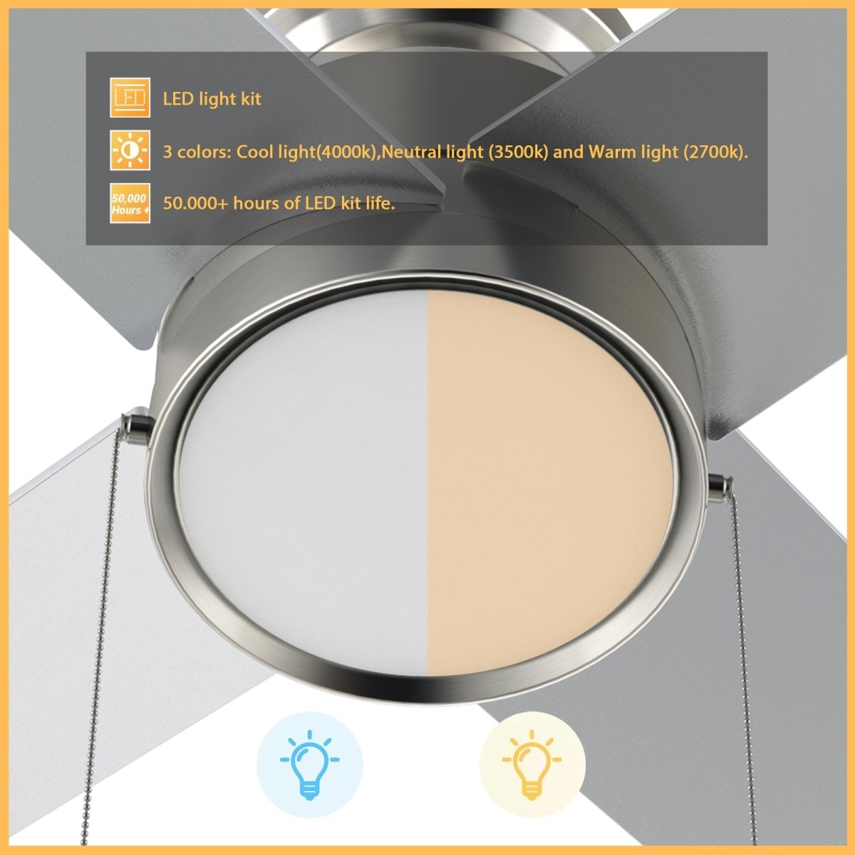 ASCOTT 52 inch 4 - Blade Flush Mount Ceiling Fan with LED Light & Pull Chain - LEDMyPlace