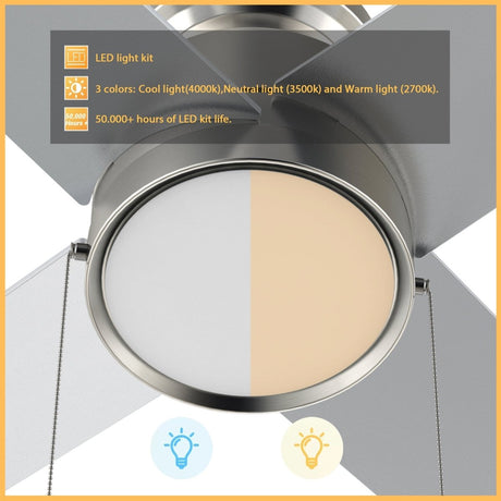 ASCOTT 52 inch 4 - Blade Flush Mount Ceiling Fan with LED Light & Pull Chain - LEDMyPlace