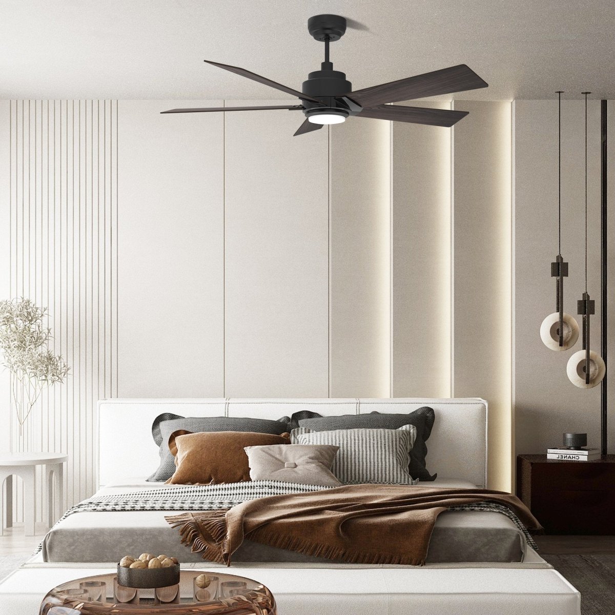 Aspen 52" In. Black/Walnut 5 Blade Smart Ceiling Fan with Dimmable LED Light Kit Works with Remote Control, Wi - Fi apps and Voice control via Google Assistant/Alexa/Siri - BUILDMYPLACE