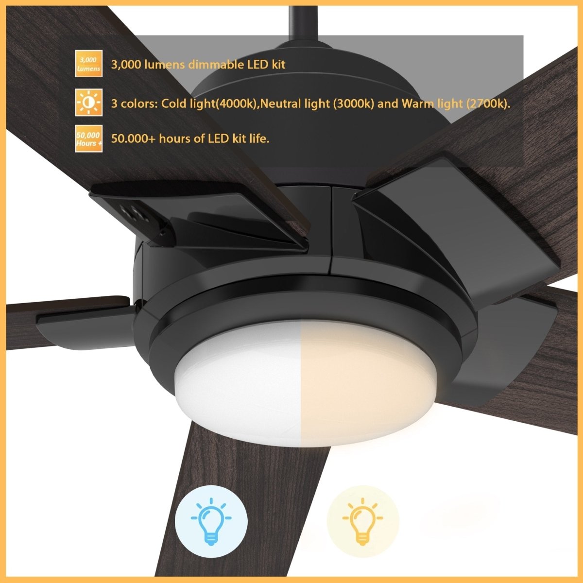 Aspen 52" In. Black/Walnut 5 Blade Smart Ceiling Fan with Dimmable LED Light Kit Works with Remote Control, Wi - Fi apps and Voice control via Google Assistant/Alexa/Siri - BUILDMYPLACE