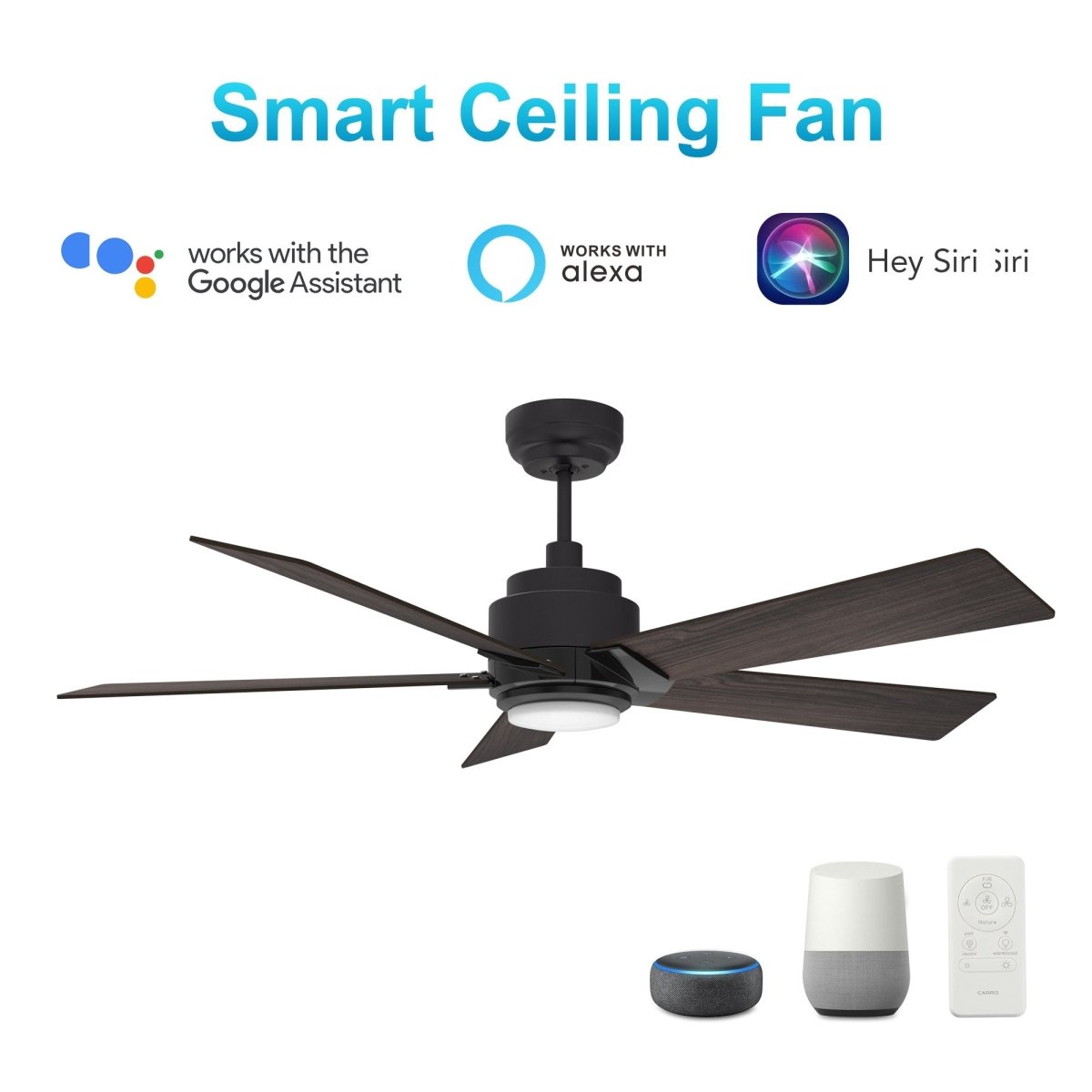 Aspen 52" In. Black/Walnut 5 Blade Smart Ceiling Fan with Dimmable LED Light Kit Works with Remote Control, Wi - Fi apps and Voice control via Google Assistant/Alexa/Siri - BUILDMYPLACE