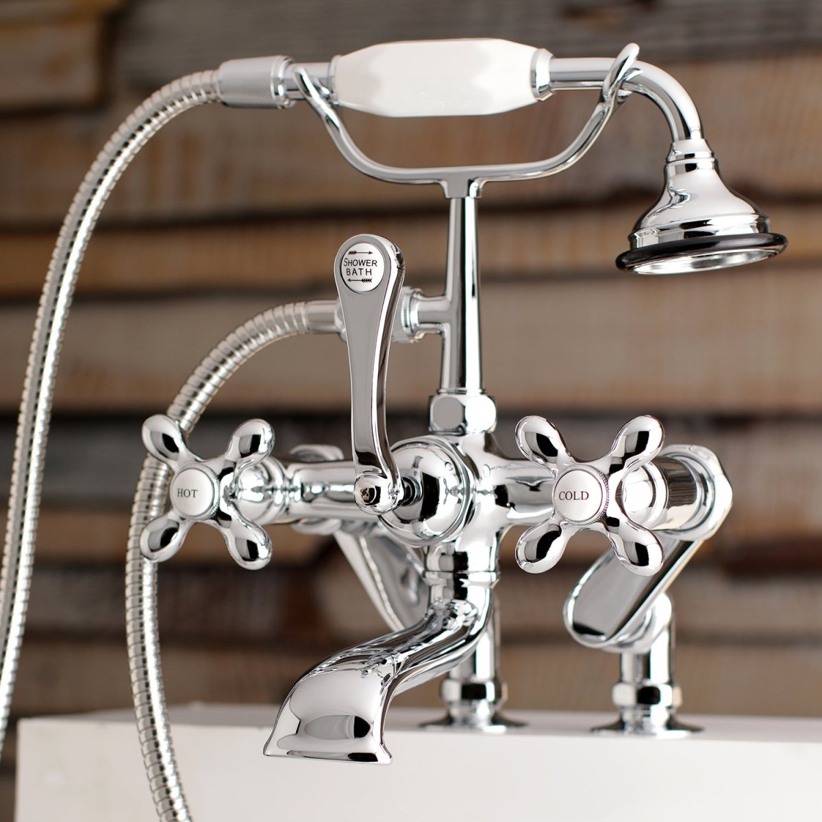 Auqa Vintage 7" Adjustable Clawfoot Tub Faucet With Hand Shower & Two Hole Installation, Polished Chrome - BUILDMYPLACE