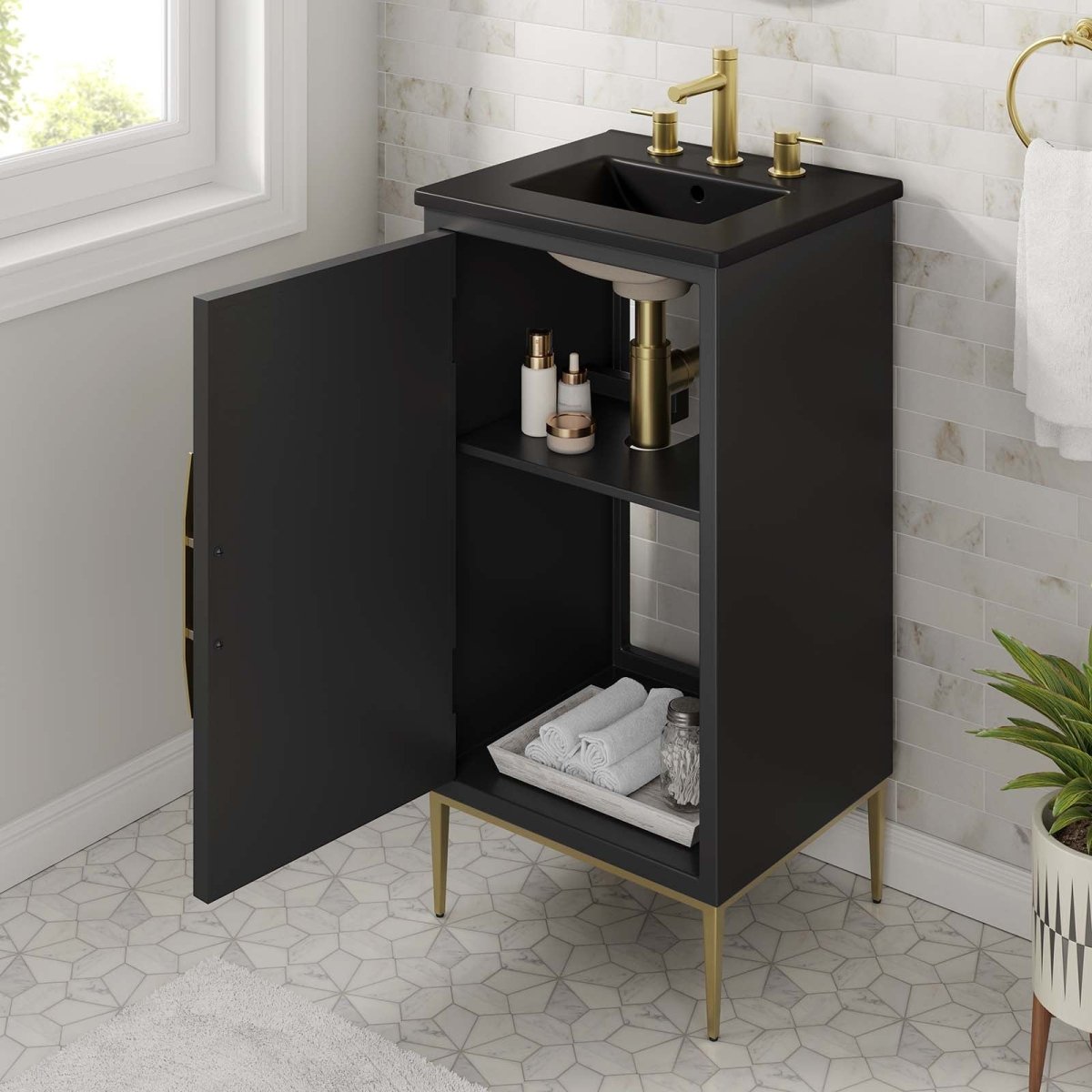 Awaken Black Freestanding Single Sink Bathroom Vanity with Ceramic Sink Top - BUILDMYPLACE