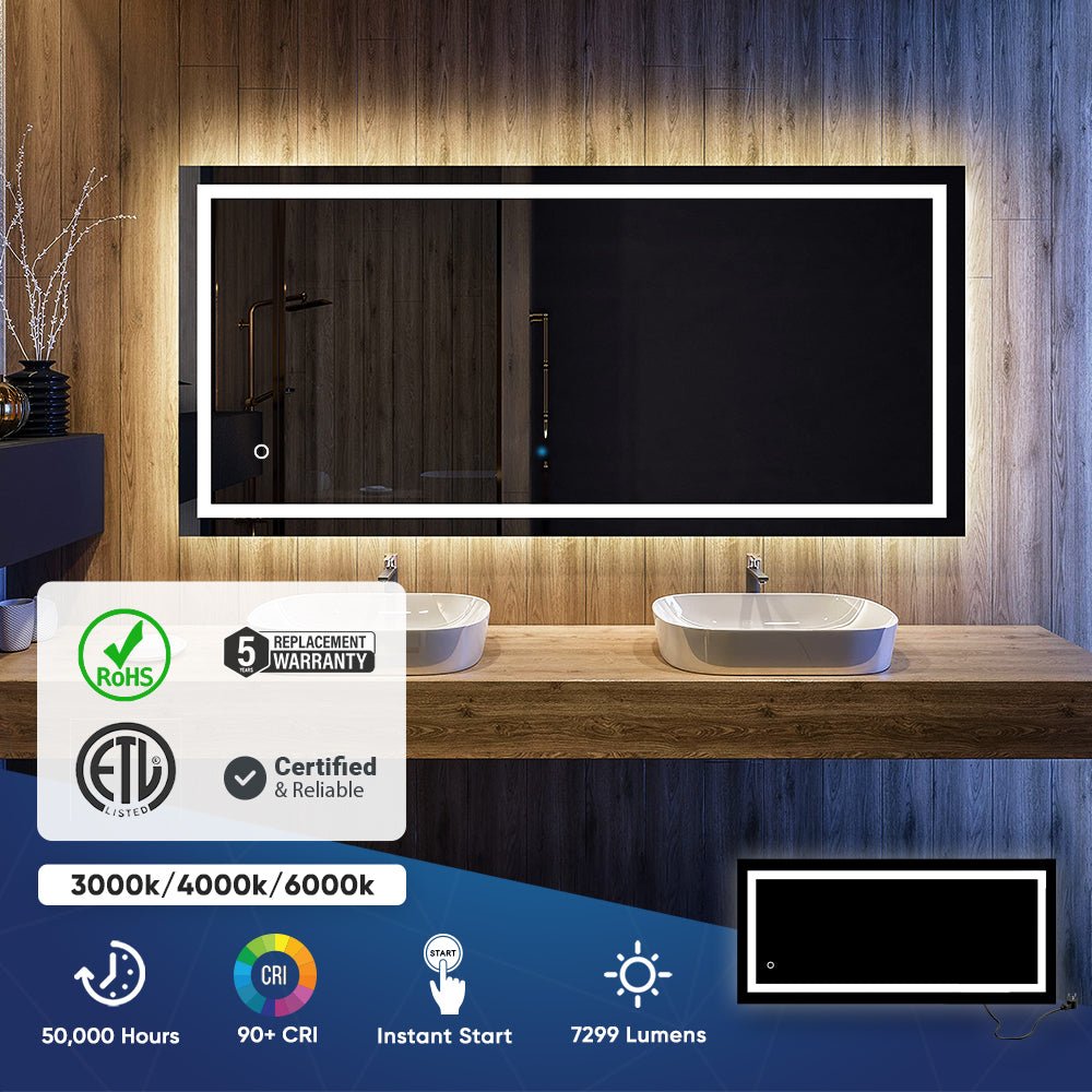 Backlit/Frontlit, Vanity Mirror with Lights, Touch Switch, Anti - Fog, Adjustable 3 - Color Temperature & Remembrance, CRI 90+, LED Mirror for Bathroom, Accord Style - BUILDMYPLACE
