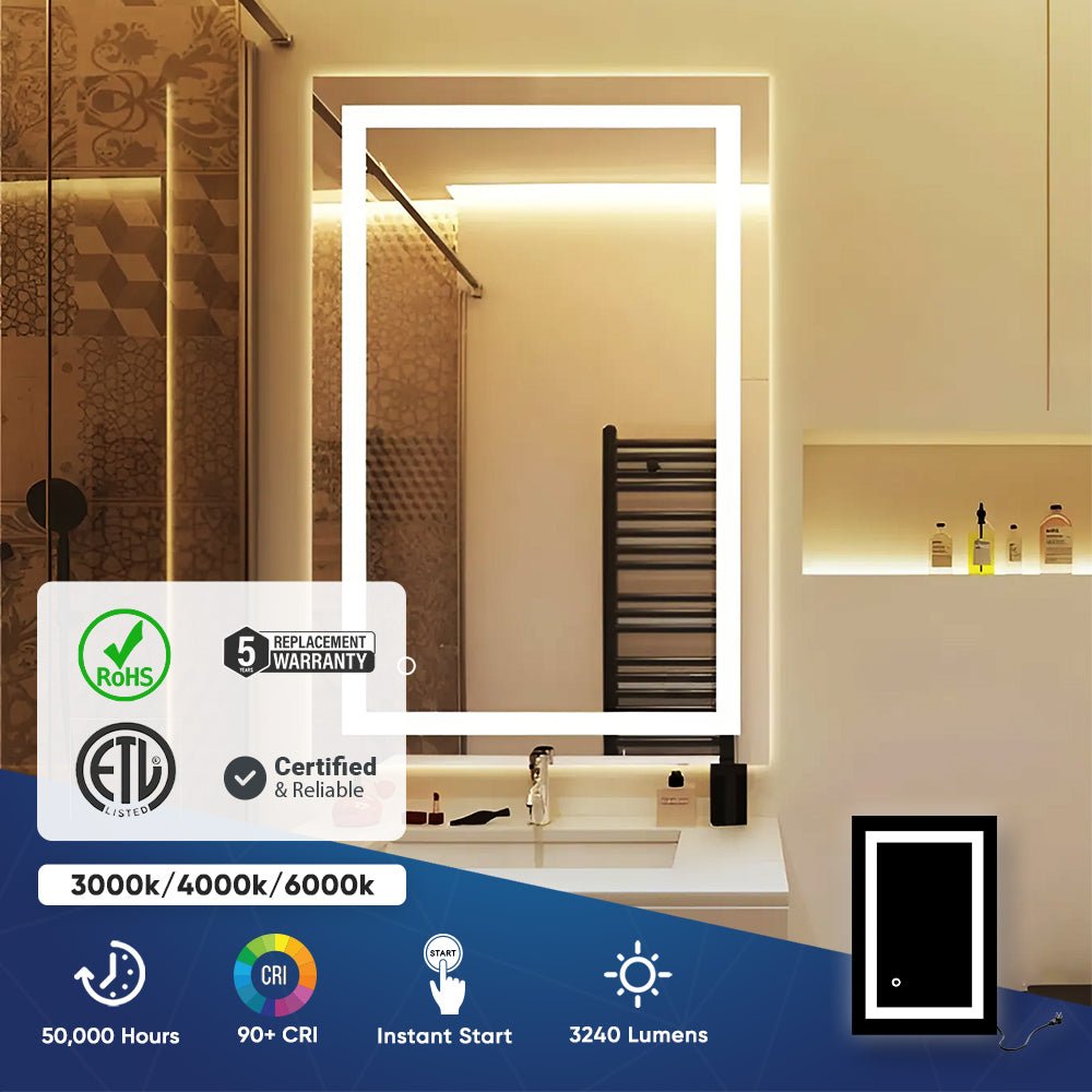 Backlit/Frontlit, Vanity Mirror with Lights, Touch Switch, Anti - Fog, Adjustable 3 - Color Temperature & Remembrance, CRI 90+, LED Mirror for Bathroom, Accord Style - BUILDMYPLACE