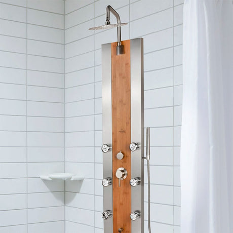 Bamboo Wood ShowerSpa Bali Panel Bali with 10" Low - Profile Rain Showerhead - 6 Body Spray Jets - 10 Years Warranty - BUILDMYPLACE