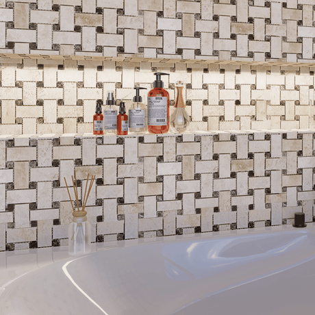 Basketweave Ivory Filled & Honed Travertine Mosaic - BUILDMYPLACE