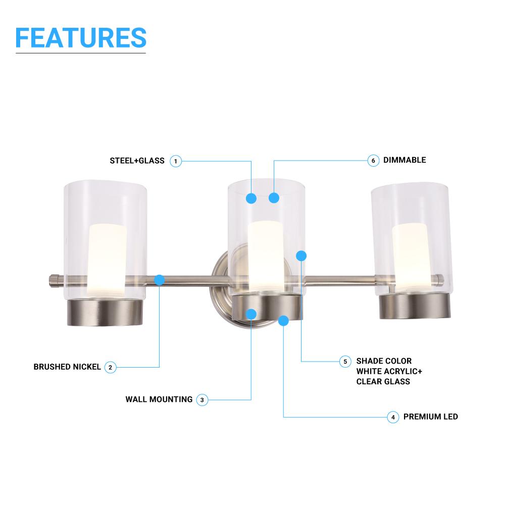 Bathroom Light Fixtures, 4000K, Dimmable, Brushed Nickel Finish, Wall Mount, Damp Location, Vanity Lighting - BUILDMYPLACE