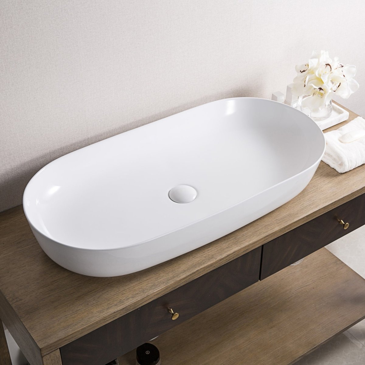 Bathroom Vessel Sink White Oval Above Counter Vanity Porcelain Ceramic - BUILDMYPLACE