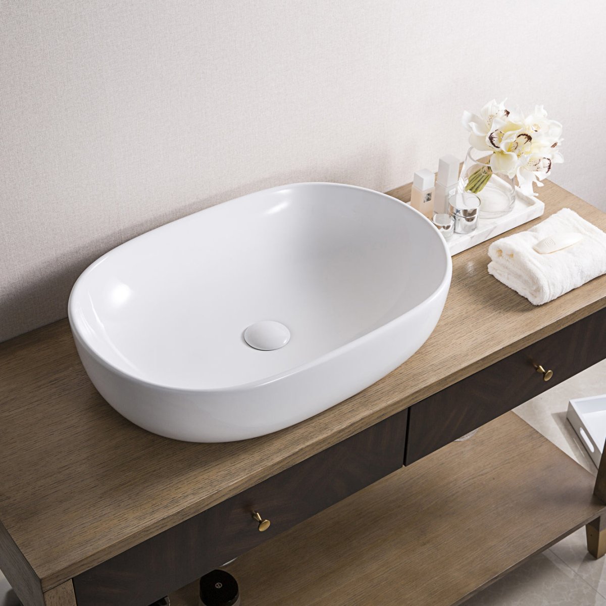 Bathroom Vessel Sink White Oval Above Counter Vanity Porcelain Ceramic - BUILDMYPLACE