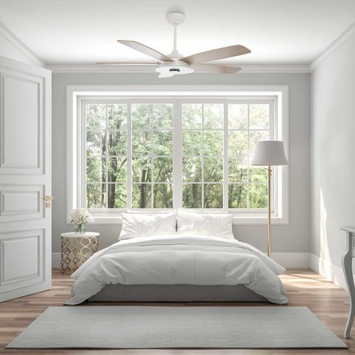 Striker White/Wood 5 Blade Smart Ceiling Fan with Dimmable LED Light Kit Works with Remote Control, Wi-Fi apps and Voice control via Google Assistant/Alexa/Siri