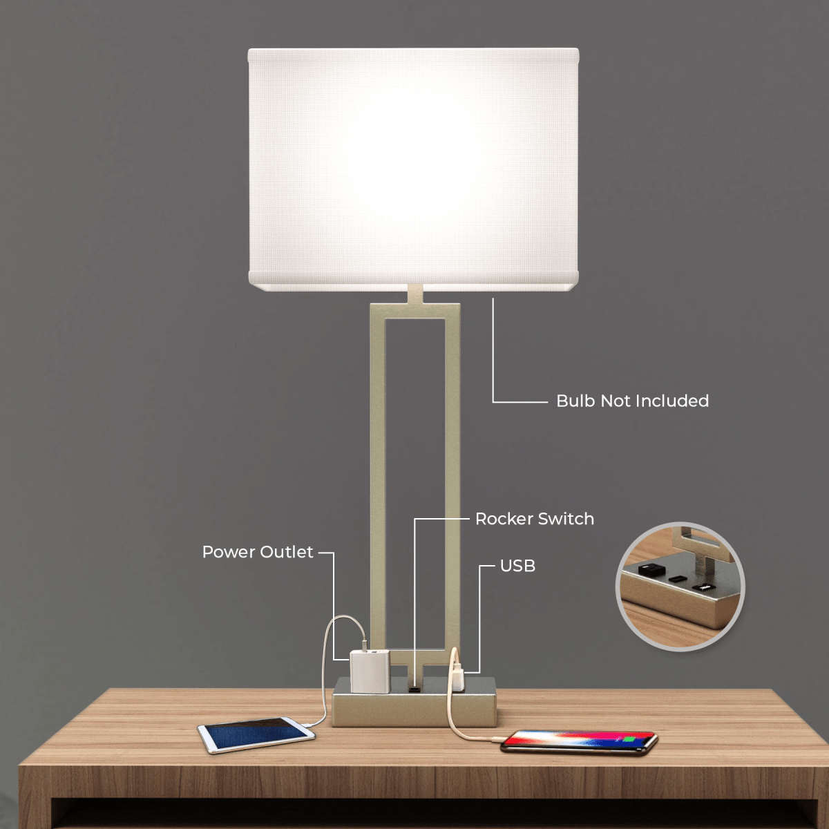 Bedside Table Lamp with USB Port and Outlet, 28 inch, Brushed Nickel Finish, with 1pc Switch,1pcs outlets,1pc USB 1 Type C, For Living Room, Dorm, Bedroom Lamp - BUILDMYPLACE