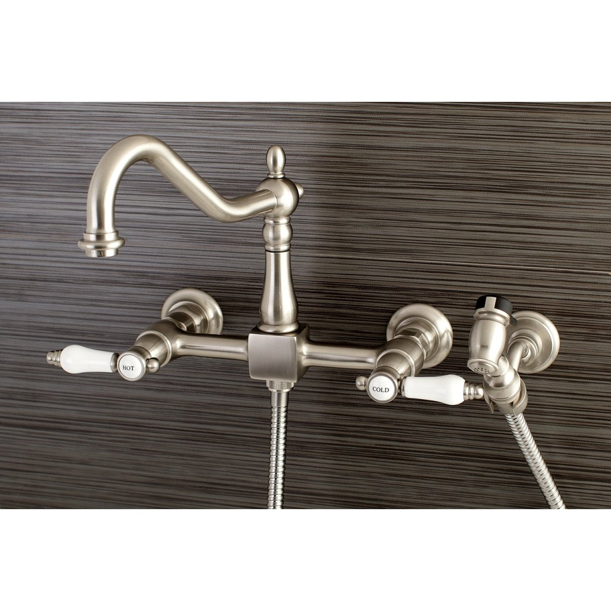 Bel Air Wall Mount Bridge Kitchen Faucet With Brass Sprayer - BUILDMYPLACE