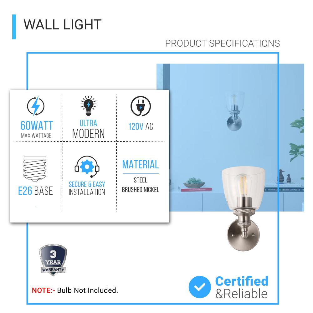 Bell Shape Wall Sconce Lighting Fixture, Brushed Nickel Finish, E26 Base, UL Listed for Dry Location, 3 Years Warranty - BUILDMYPLACE