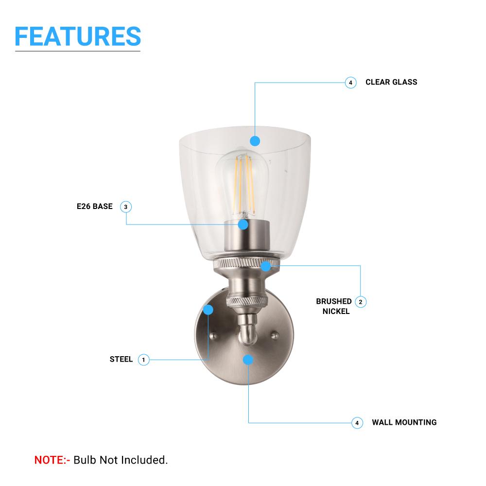 Bell Shape Wall Sconce Lighting Fixture, Brushed Nickel Finish, E26 Base, UL Listed for Dry Location, 3 Years Warranty - BUILDMYPLACE