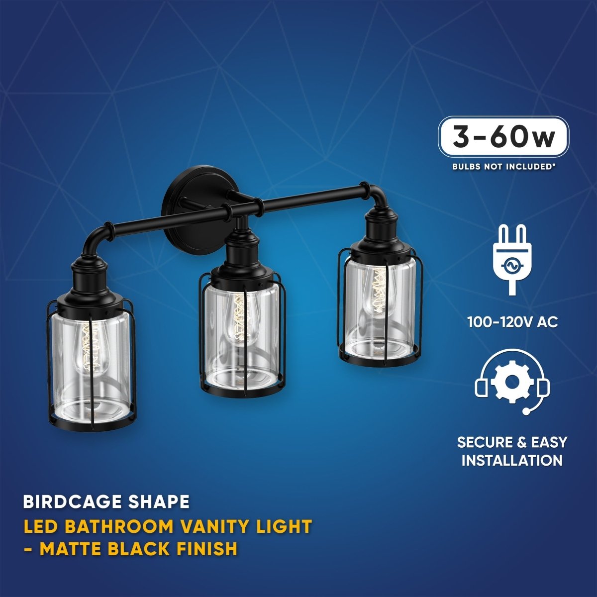 Birdcage Shape Bathroom Light Fixtures, Wall Mount, Matte Black with Clear Glass Shade, 1 - Light/2 - Light/3 - Light, E26 Base, For Damp Locations, Vanity Lighting - BUILDMYPLACE