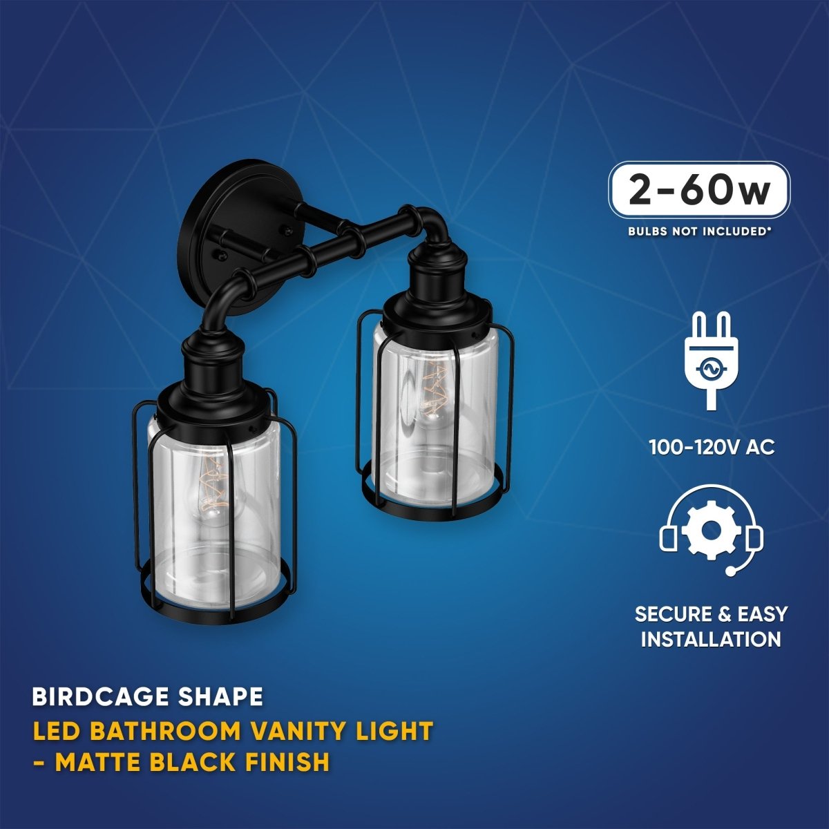 Birdcage Shape Bathroom Light Fixtures, Wall Mount, Matte Black with Clear Glass Shade, 1 - Light/2 - Light/3 - Light, E26 Base, For Damp Locations, Vanity Lighting - BUILDMYPLACE