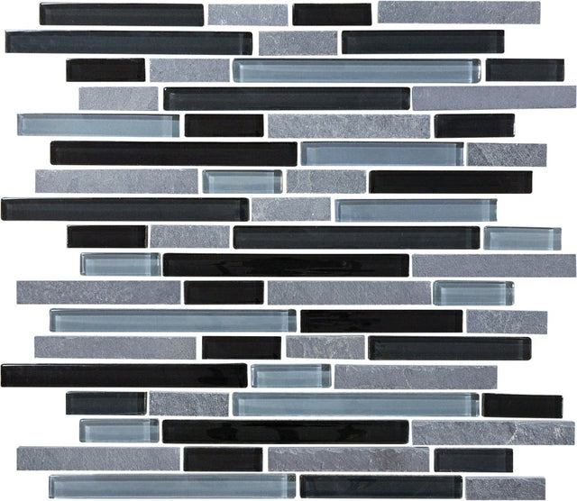 Black Timber Random Strip Glass Slate Blend Mosaic - BUILDMYPLACE