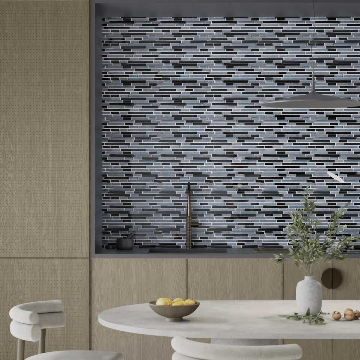 Black Timber Random Strip Glass Slate Blend Mosaic - BUILDMYPLACE