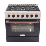 KUCHT Professional 36 in. 5.2 cu. ft. Dual Fuel Range for Natural Gas with Sealed Burners and Convection Oven in Stainless Steel with Black Oven Door Black Knobs and Gold Knob Rings