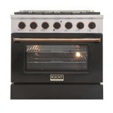 KUCHT Professional 36 in. 5.2 cu. ft. Dual Fuel Range for Natural Gas with Sealed Burners and Convection Oven in Stainless Steel with Black Oven Door Black Knobs and Gold Knob Rings