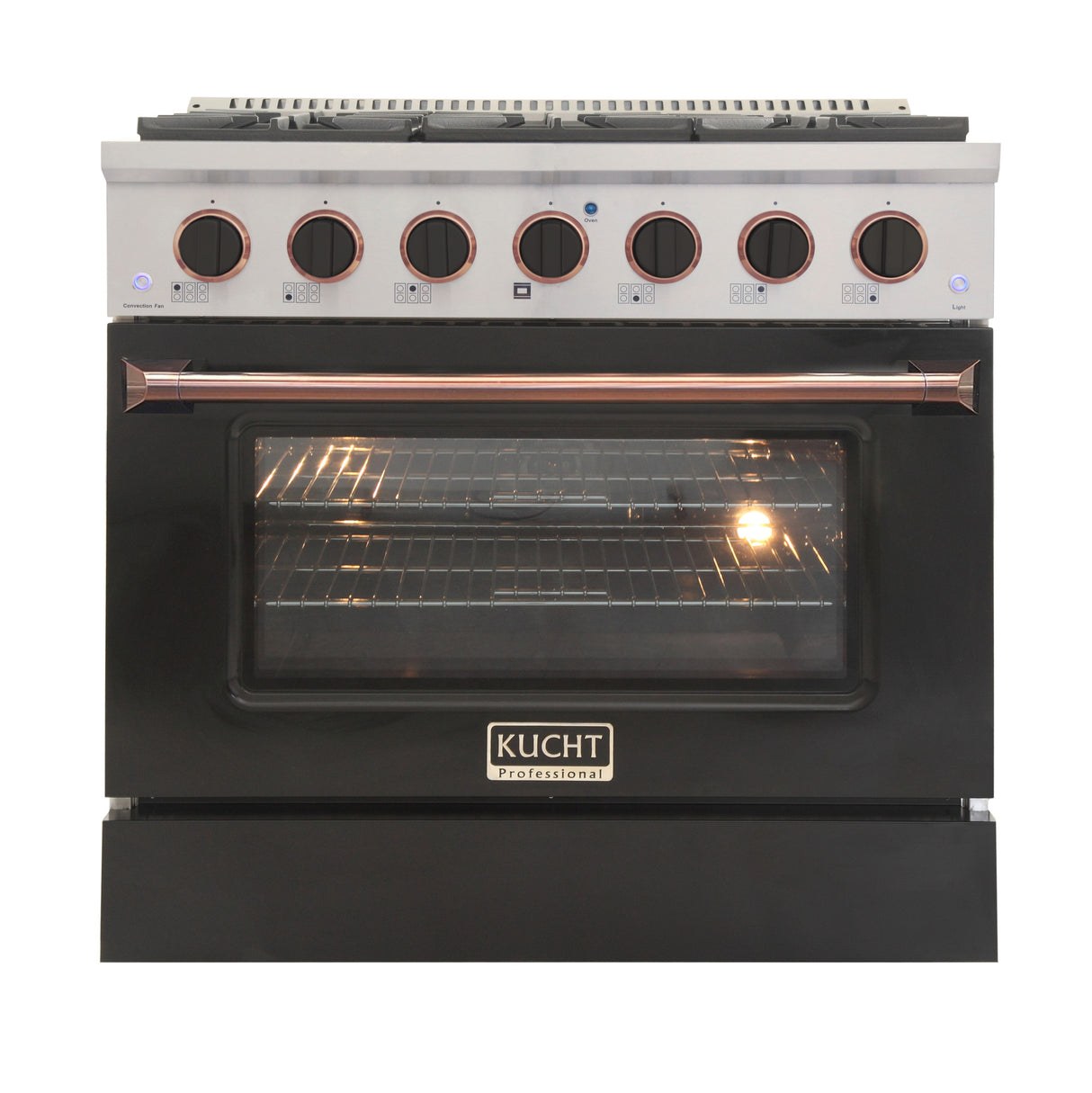 KUCHT Professional 36 in. 5.2 cu. ft. Dual Fuel Range for Natural Gas with Sealed Burners and Convection Oven in Stainless Steel with Black Oven Door Black Knobs and Gold Knob Rings