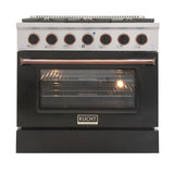 KUCHT Professional 36 in. 5.2 cu. ft. Dual Fuel Range for Natural Gas with Sealed Burners and Convection Oven in Stainless Steel with Black Oven Door Black Knobs and Gold Knob Rings