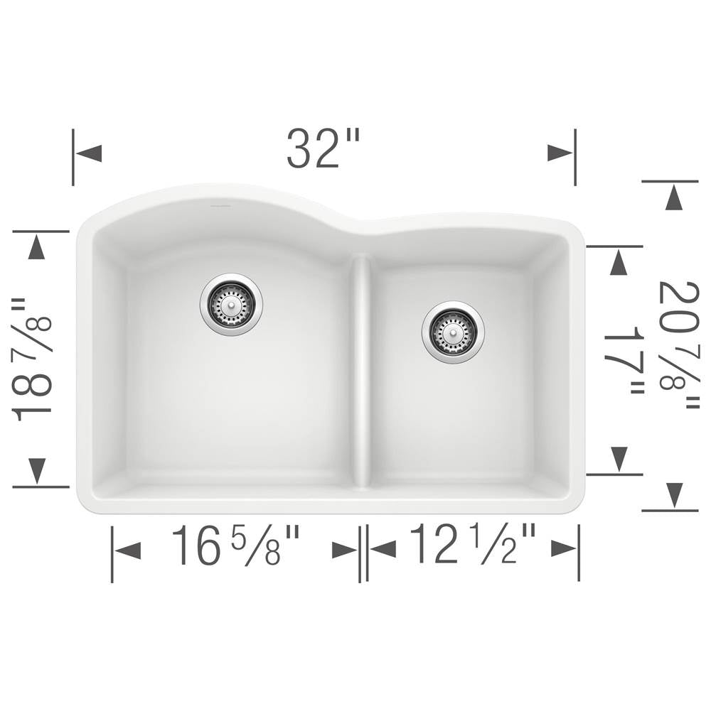 Blanco Diamond 32 Inch 60/40 Double Bowl Undermount Kitchen Sink with Low Divide 60/40 - BUILDMYPLACE